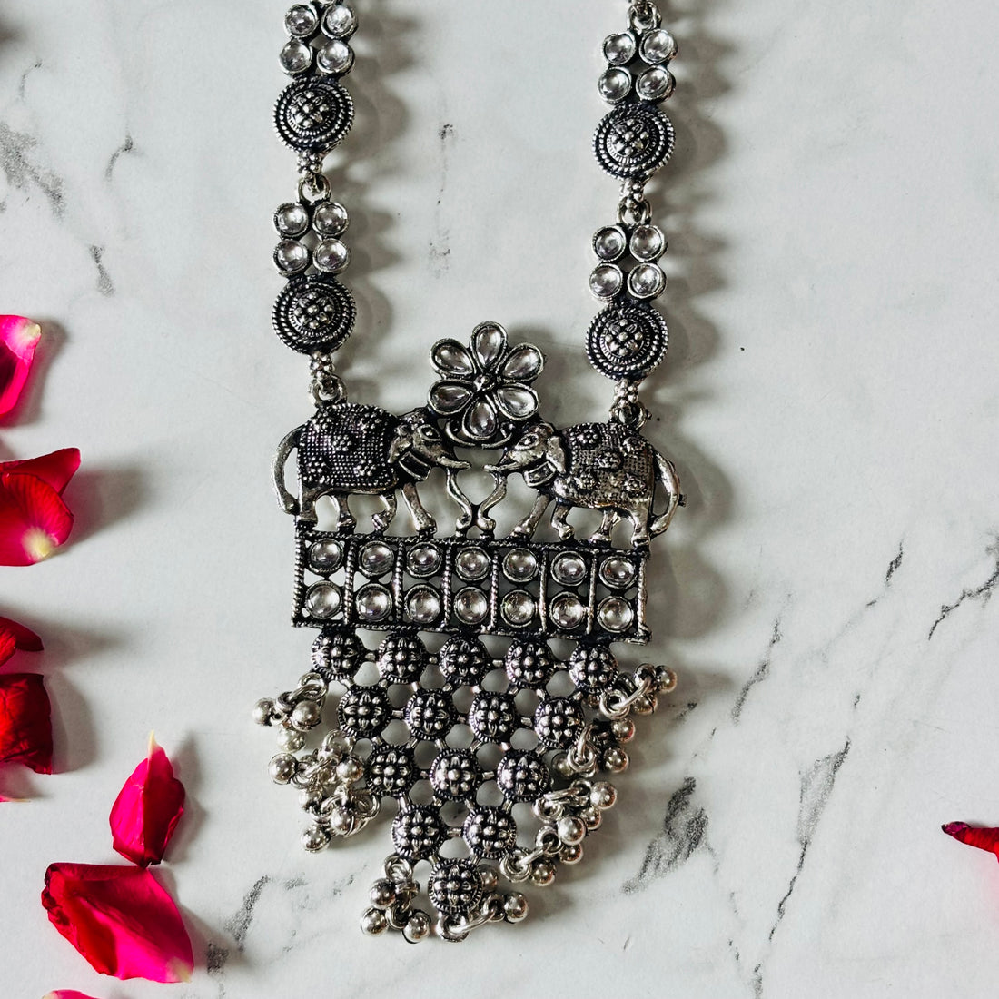 Antique Oxidised Elephant Floral Pendant Long Necklace Set