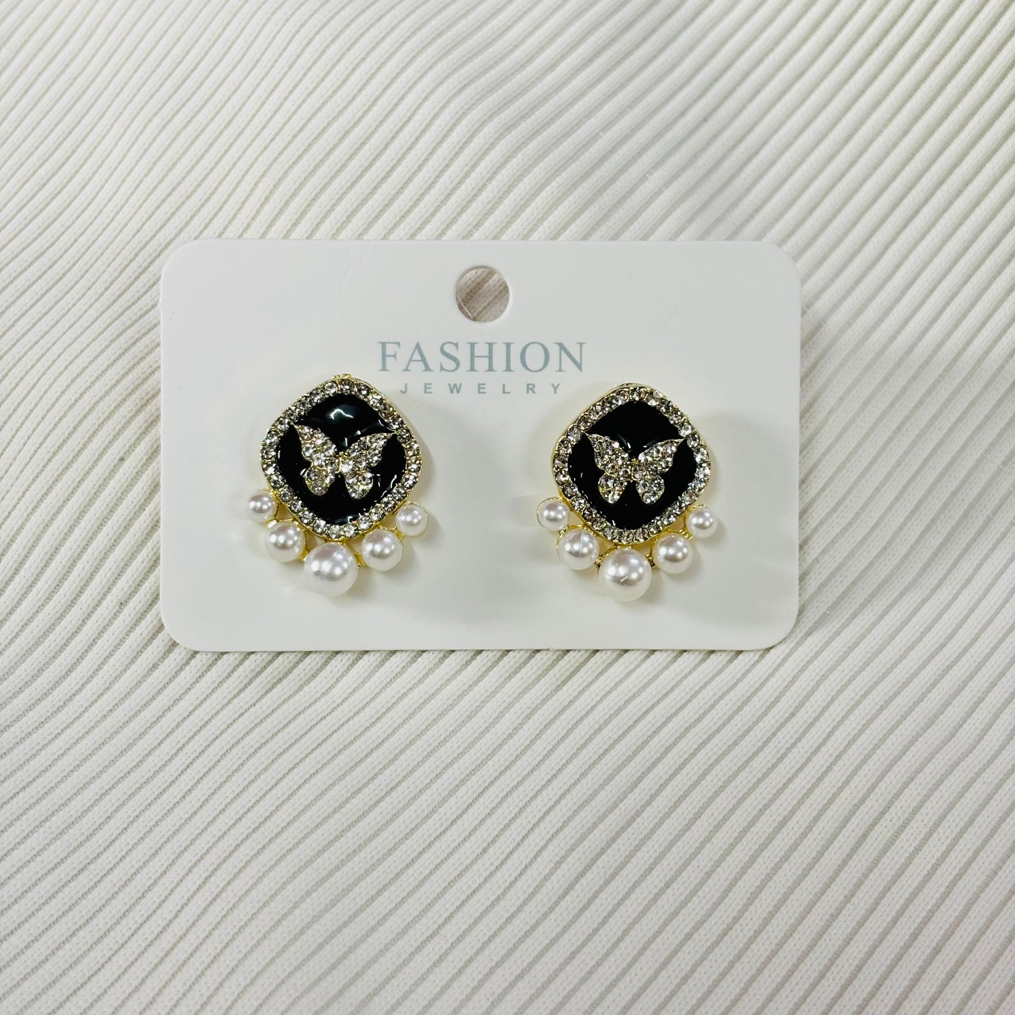 Korean Earrings - Black Enamel Butterfly design Pearl studded earrings for women