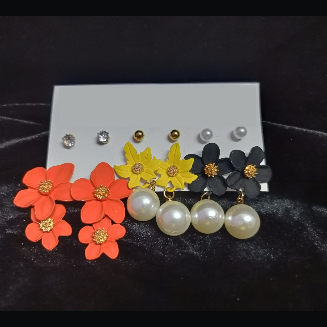 Fancy / Daily Wear Stylish Rose Gold Earrings Combo Set - Studs and Floral Hangings - Orange / Yellow / Black