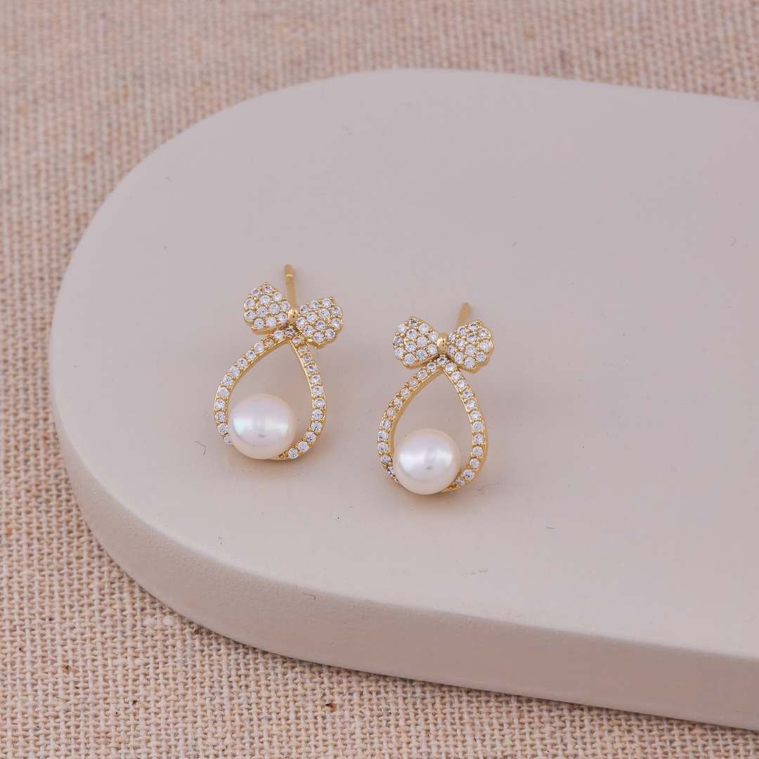 Bow Pearl Crystal Drop Earrings