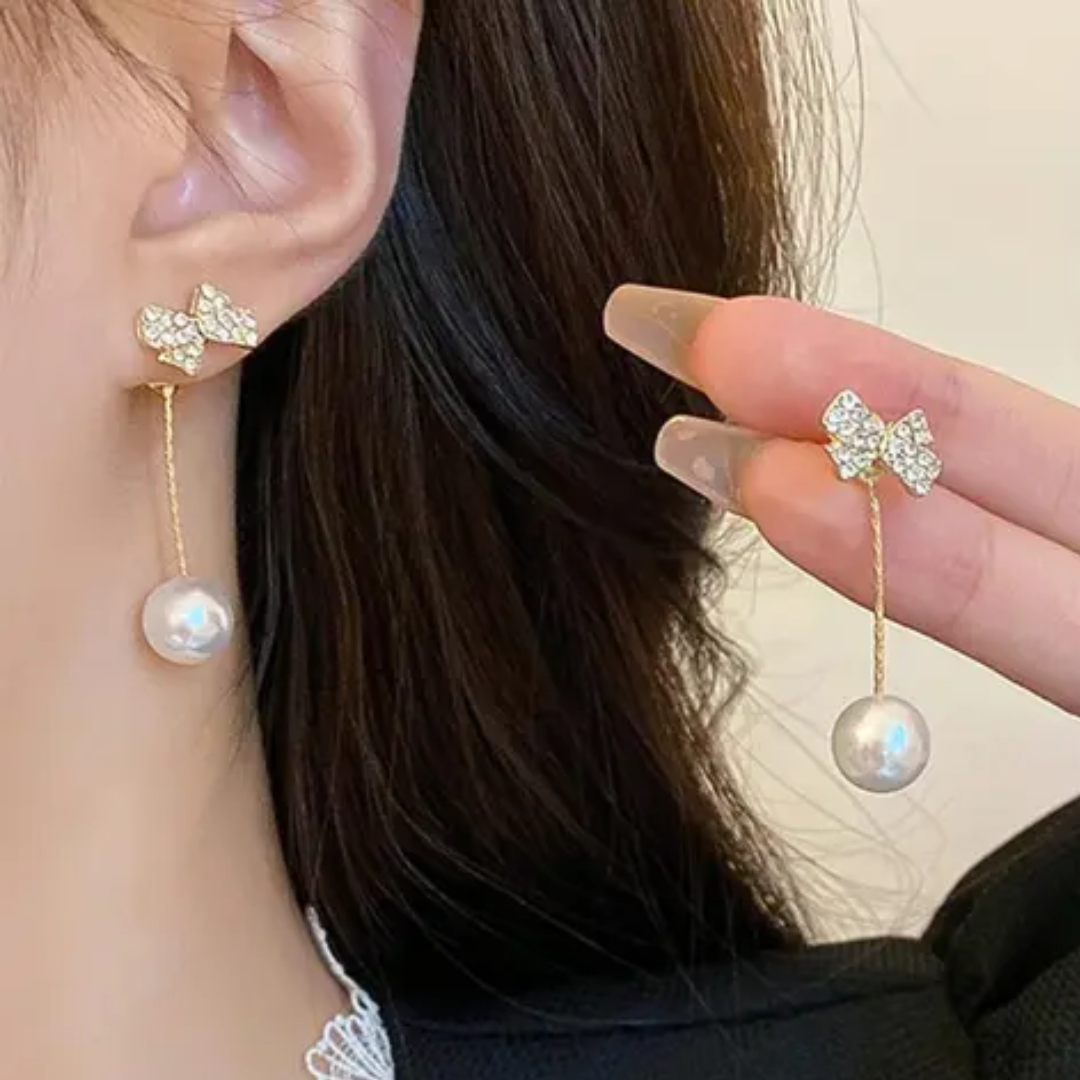 Korean Earrings - Rhinestone Knot shape pearl Hangings - Korean Earrings