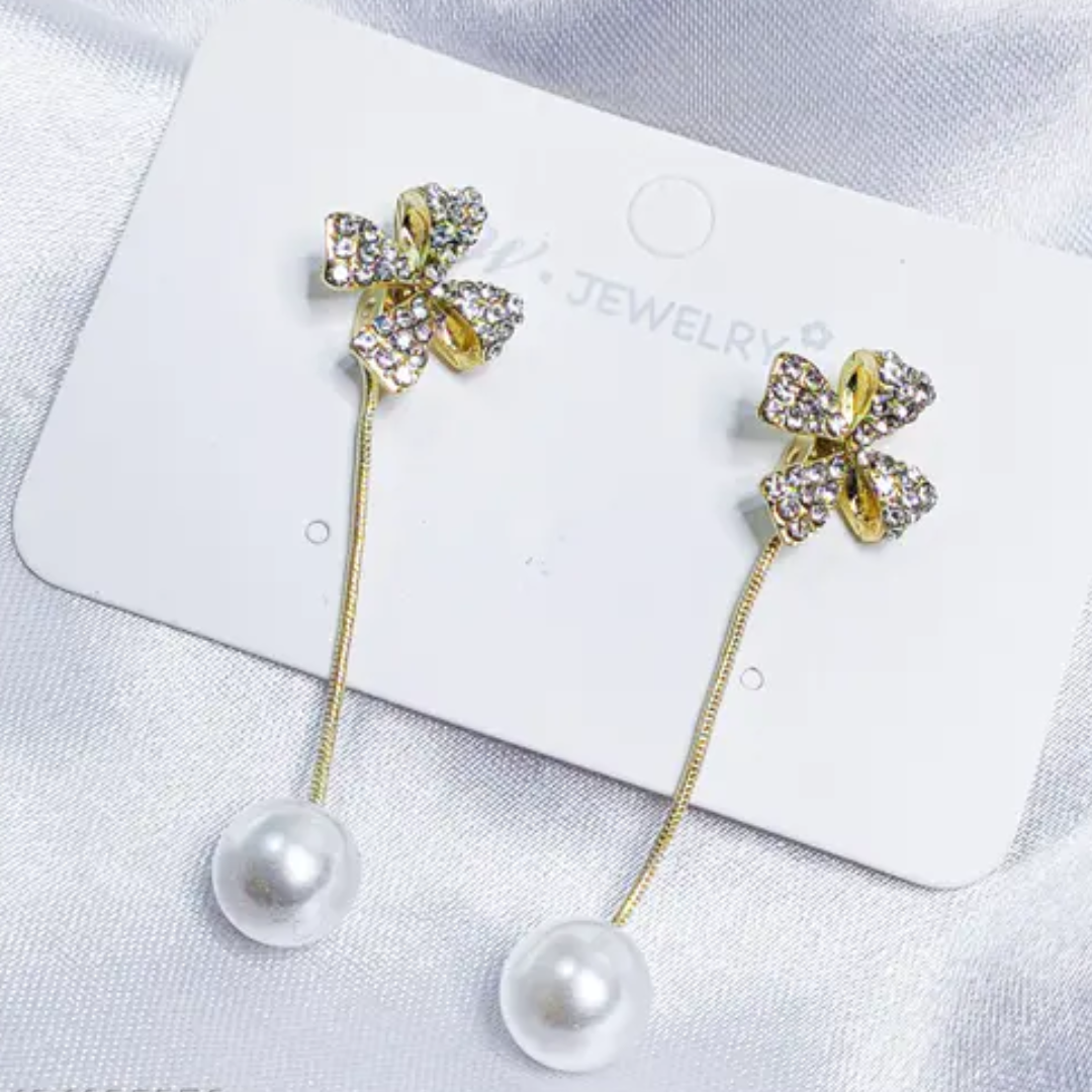 Korean Earrings - Rhinestone Knot shape pearl Hangings - Korean Earrings