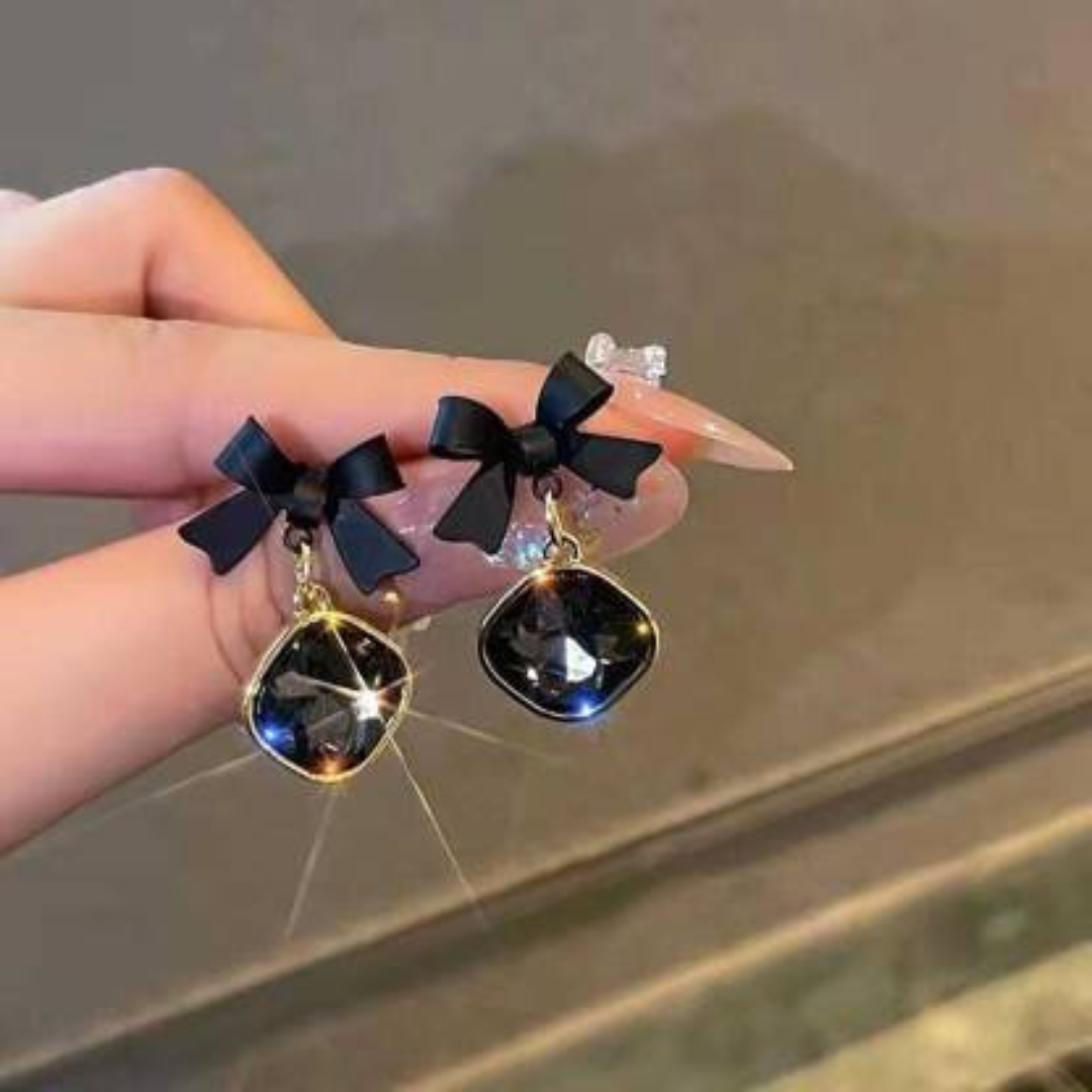 Korean Earrings - Black Bow Crystal drop cute Earrings