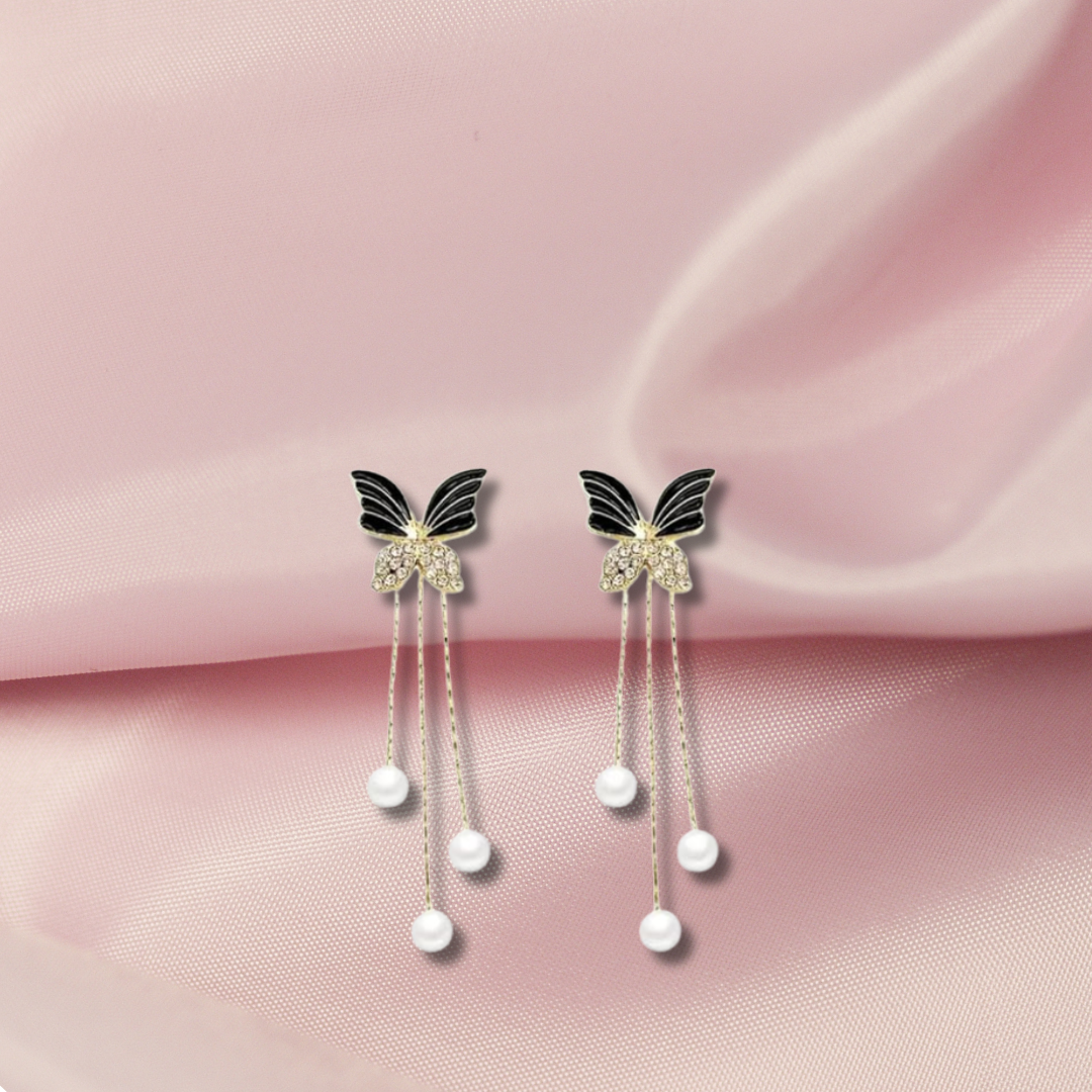 Korean Earrings - Black Enamel Butterfly Rhinestone pearl gold chain tassel earrings