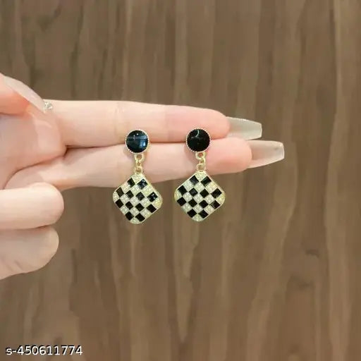Korean Earrings - Black & White Checker Board Style Pearl studded earrings for women