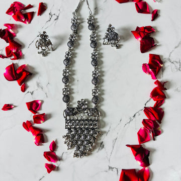 Antique Oxidised Elephant Floral Pendant Long Necklace Set