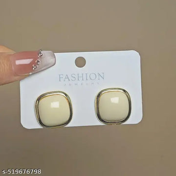 Korean Earrings - Golden Border classic white plated stud earrings for women
