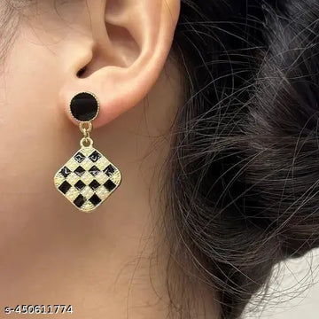 Korean Earrings - Black & White Checker Board Style Pearl studded earrings for women