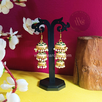 Meenakari ethnic Triple Jhumki pearl hanging earrings for women