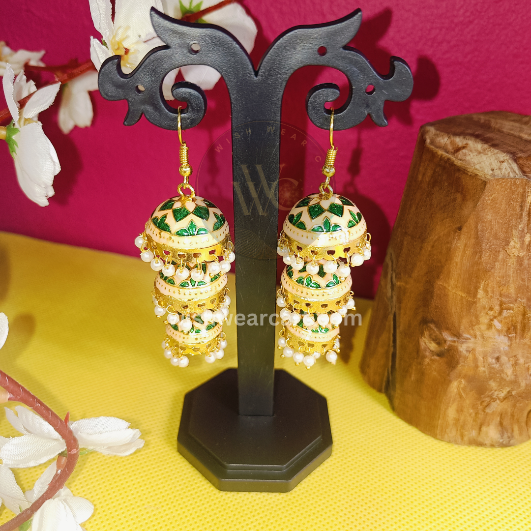 Meenakari ethnic Triple Jhumki pearl hanging earrings for women