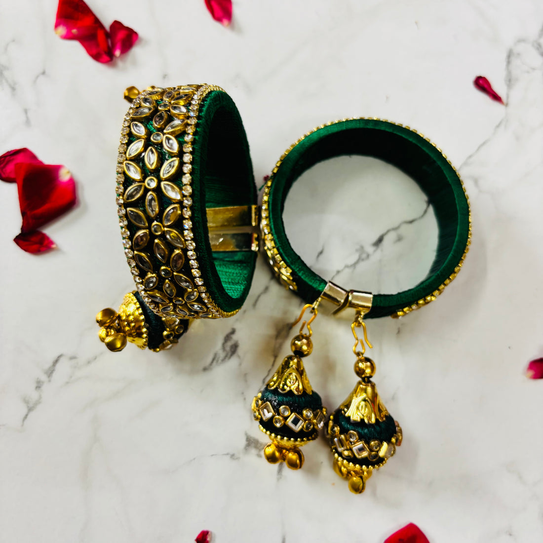 Traditional Handmade Kundan Bangles with Hangings - Green