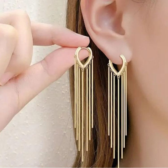 Korean Earrings - Gold drop tassel contemporary hoop earrings for women