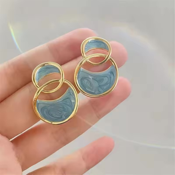 Blue Marble Round Hoop Stud Earrings