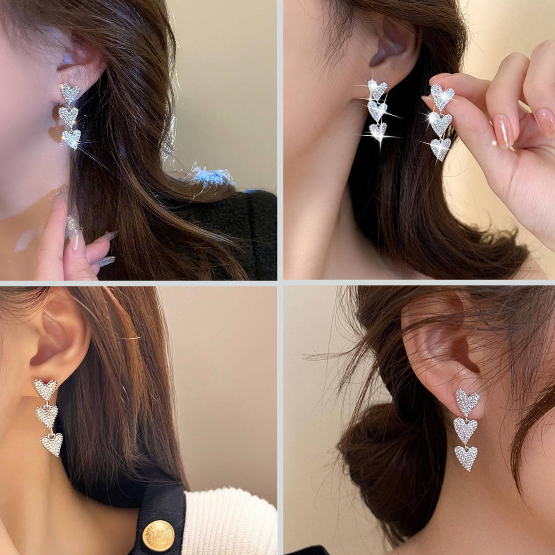 Triple Heart Sparkle Dangle Earrings