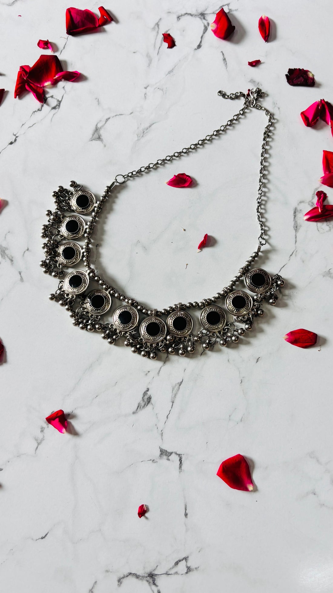 Stylish Oxidised Black Enamel Round Pendant Choker Necklace