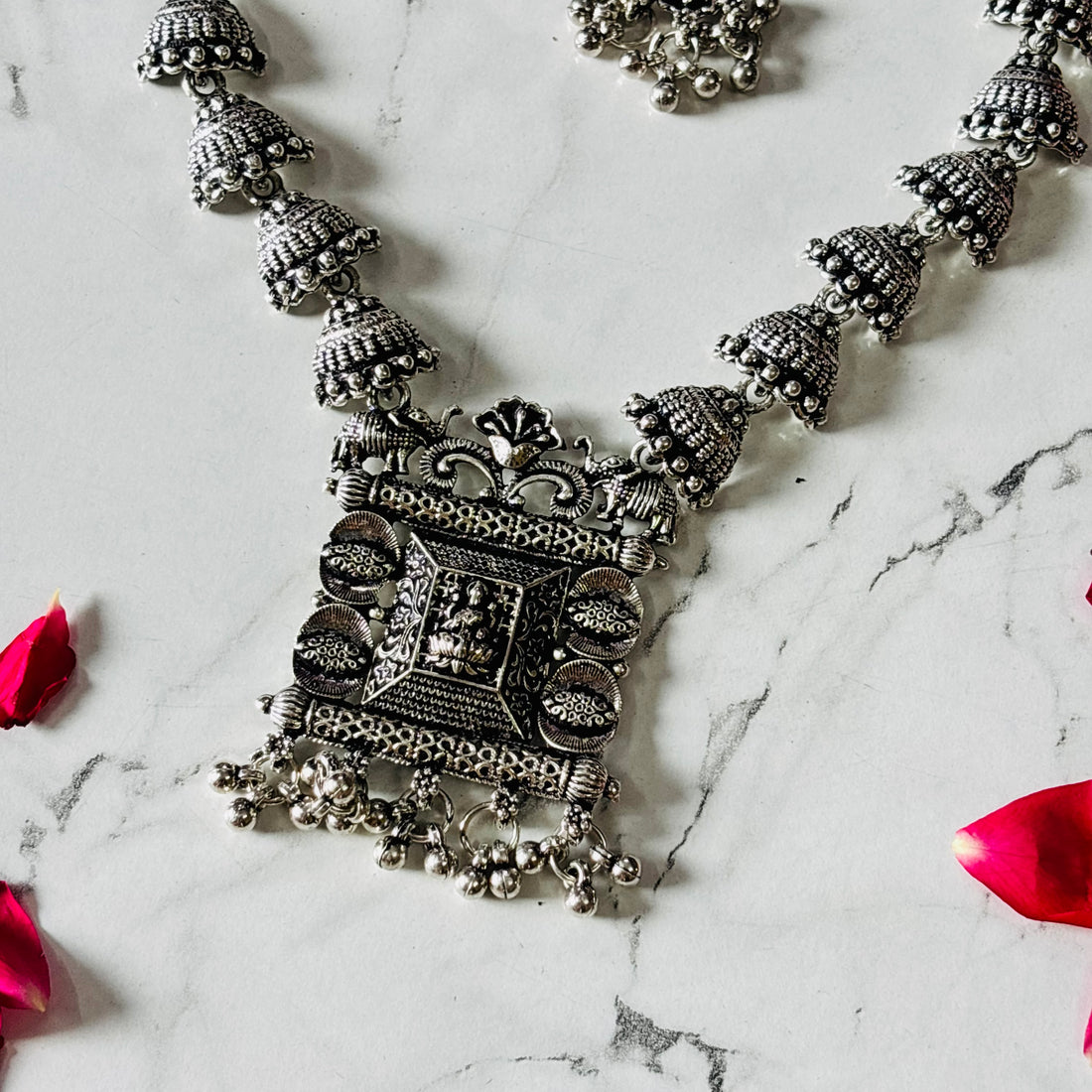 Oxidised Silver Jhumka Style long Necklace Earring Set
