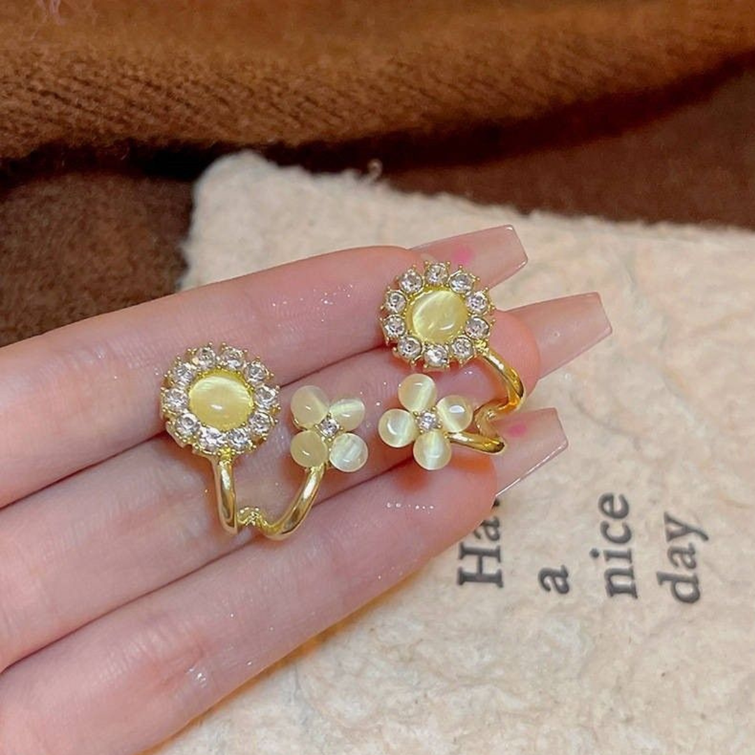 Yellow Crystal Floral Ear Cuff Stud Earrings
