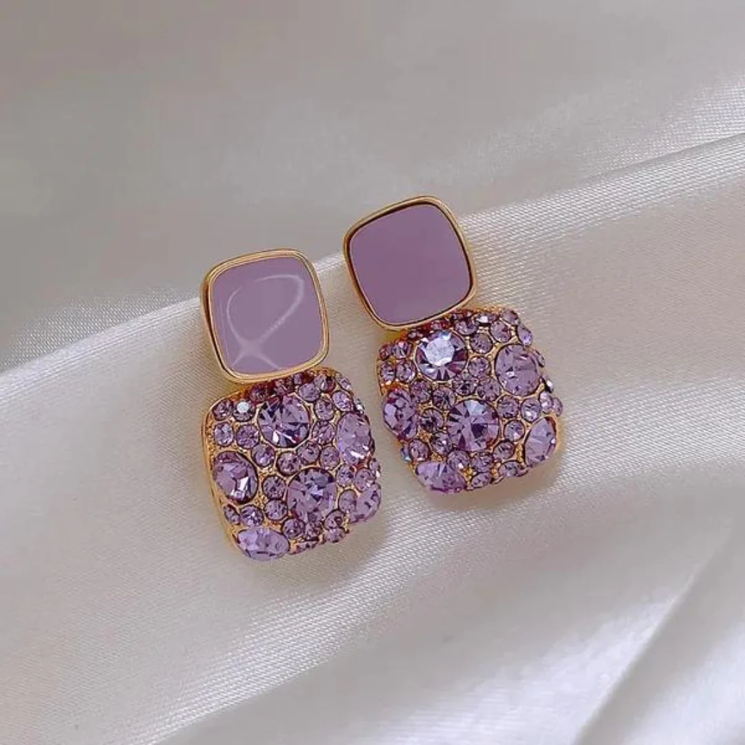 Korean Earrings - LuxuryPurple Square Crystal and Rhinestone Stud earrings for Women