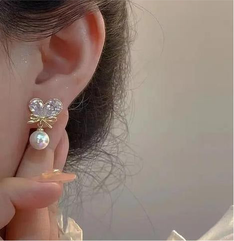 Crystal Bow and Pearl Drop Earrings