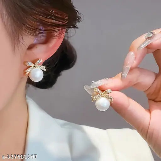 Korean Earrings - Rhinestone studded bow and Pearl gold stud earrings