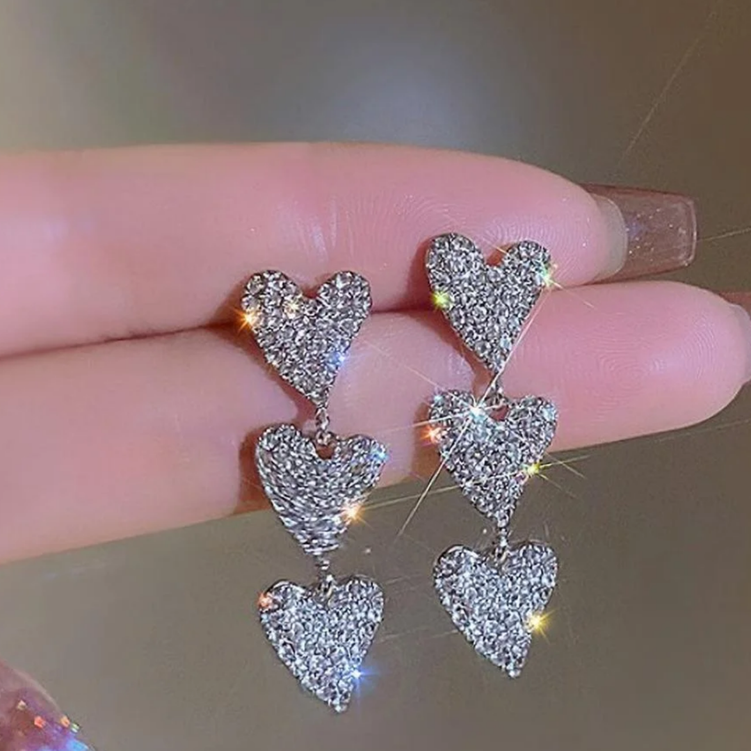 Triple Heart Sparkle Dangle Earrings