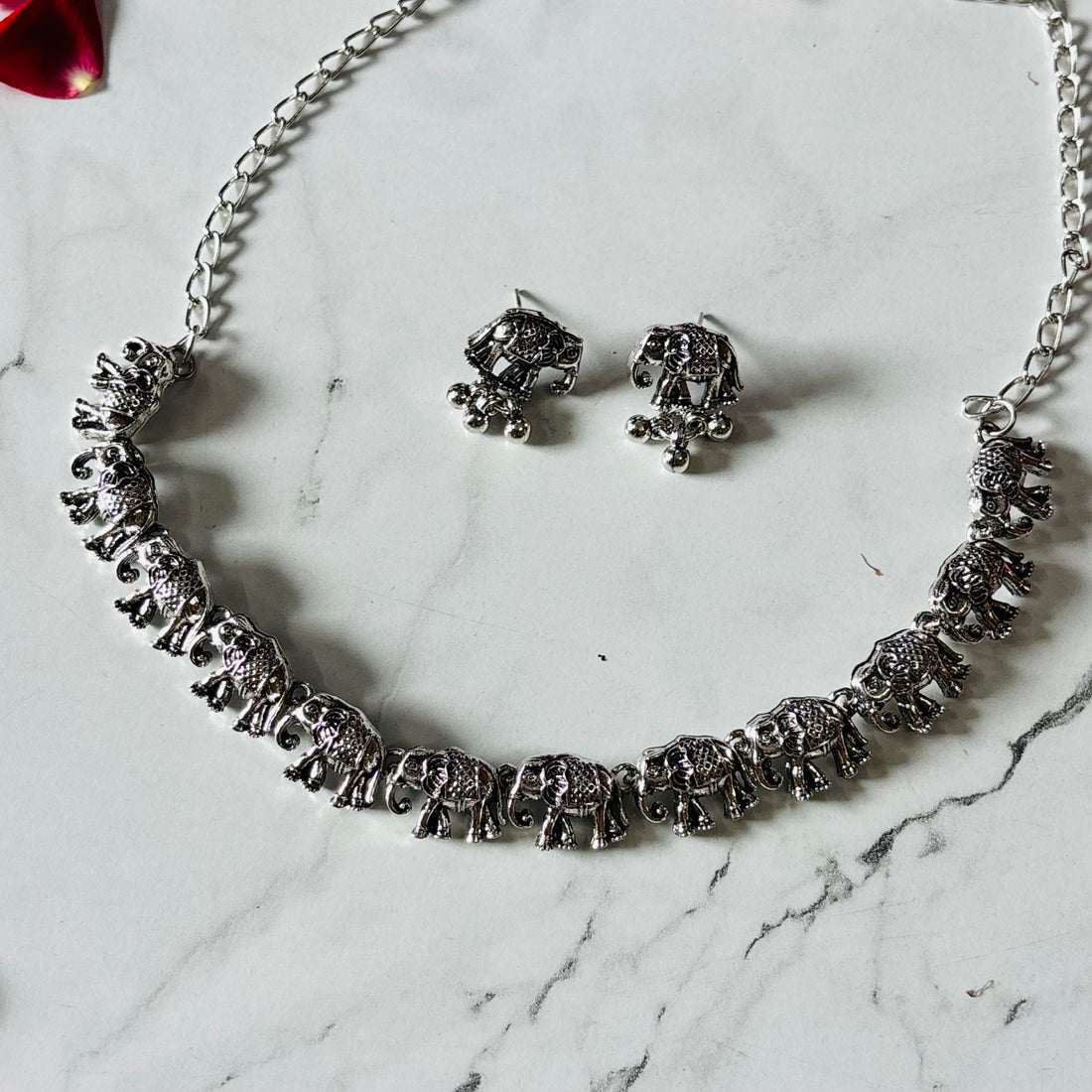 Traditional Oxidised Elephant Motif Necklace with Matching Earrings