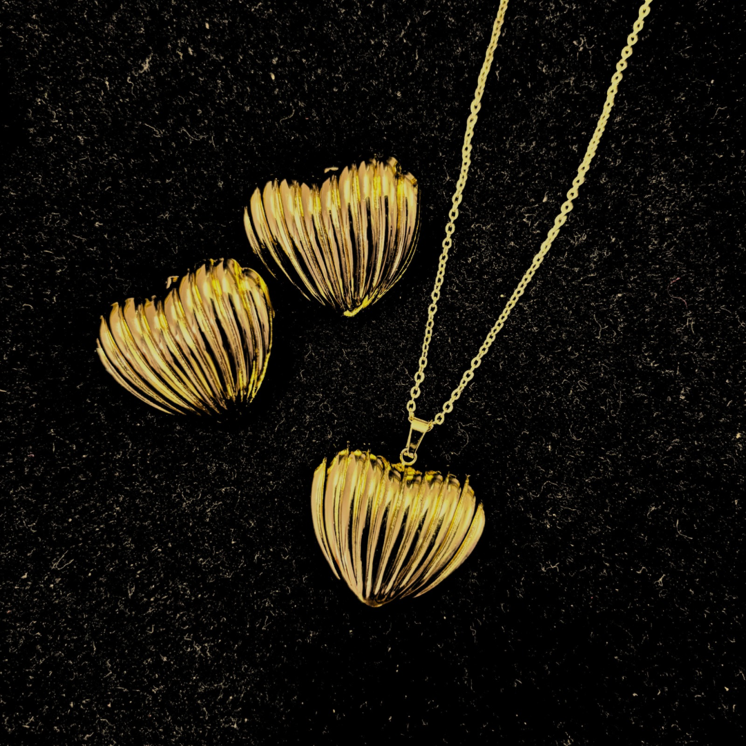 Classic Ribbed Heart Charm Necklace Set – Anti-Tarnish Stainless Steel Gold Jewelry