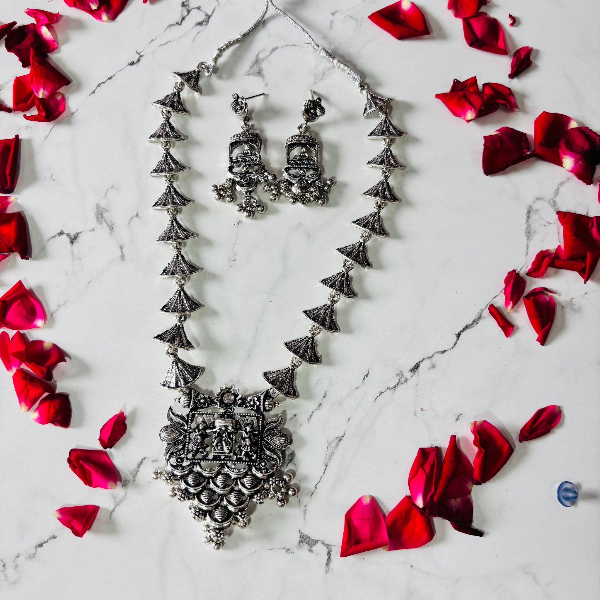 Traditional Oxidised Temple Design Long Necklace Earring Set