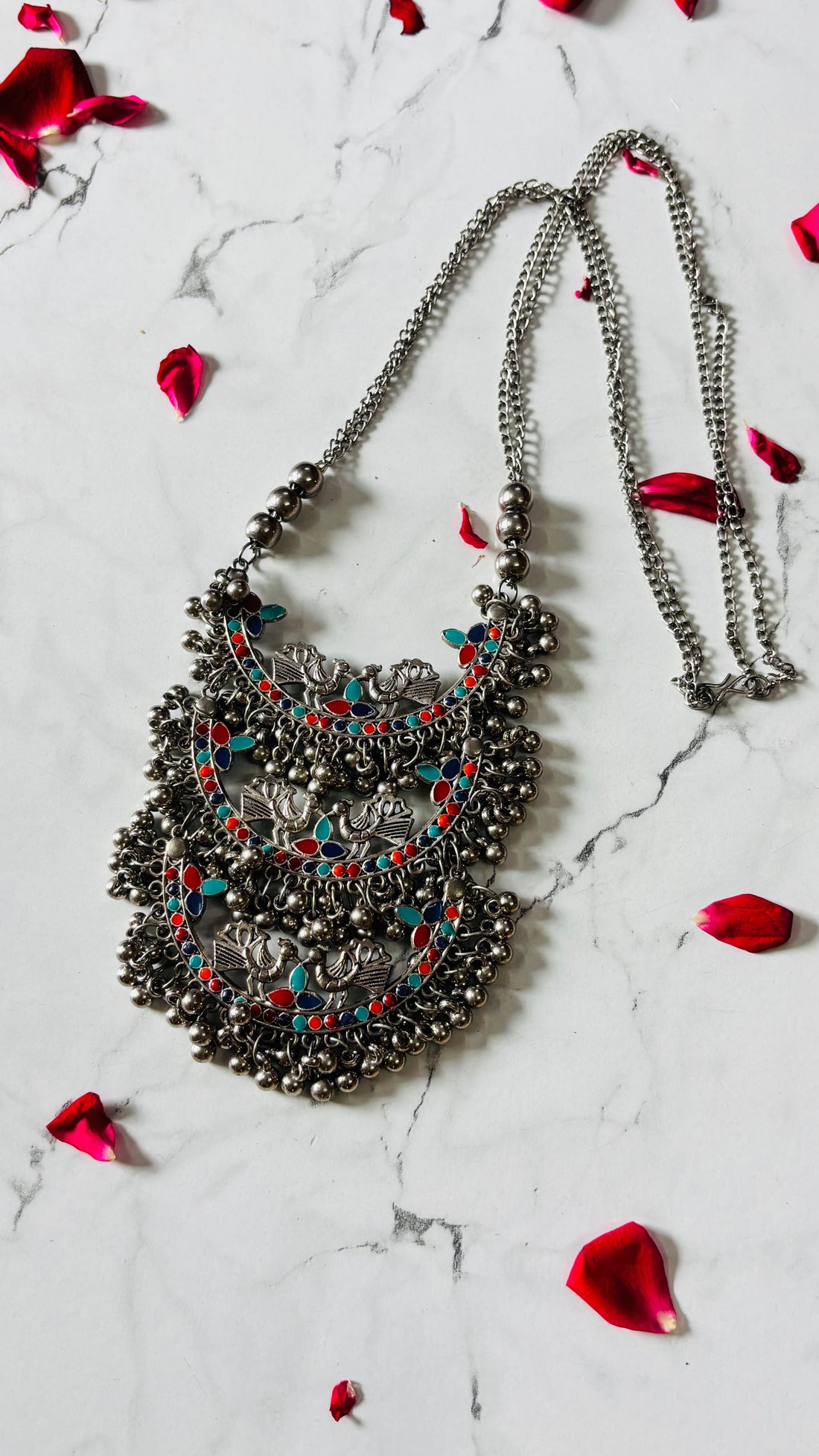 Antique Oxidised Multicolor Elephant Motif Layered Long Chain Necklace