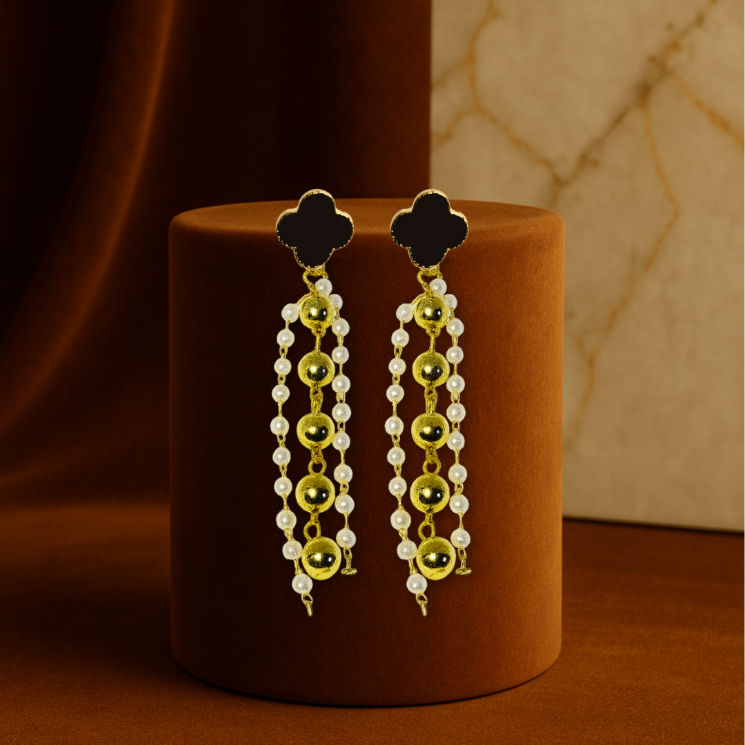 Elegant Black Clover Pearl Drop Earrings Anti Tarnish Stainless Steel