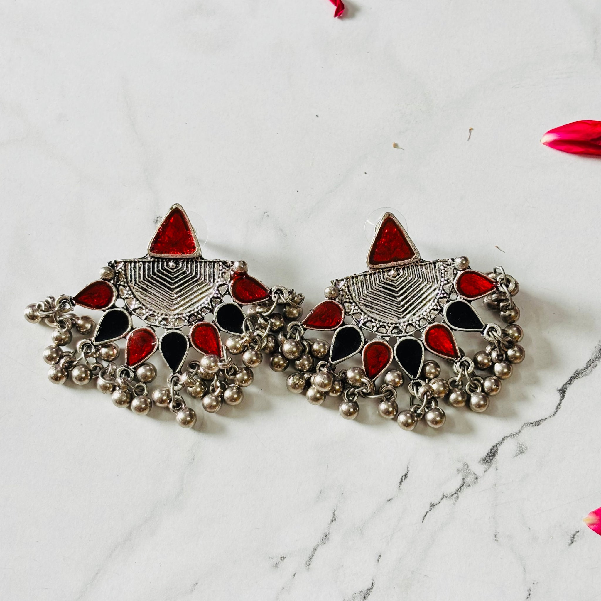 Oxidised Red Black Enamel Fan Drop Earrings