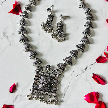Oxidised Silver Jhumka Style long Necklace Earring Set