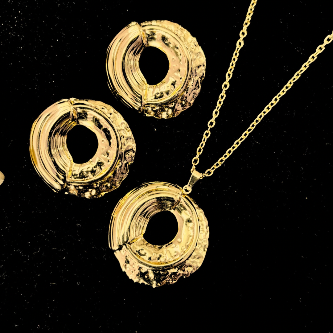 Textured Circle Pendant Necklace Set – Waterproof Anti-Tarnish Stainless Steel Jewelry