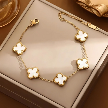 Premium Anti Tarnish Gold Plated Kiyu Ziyu Chain Bracelet - White Enamel - Clover Design