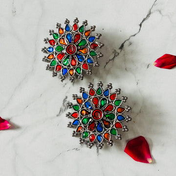 Oxidised Multicolor Floral Round Stud Statement Earrings