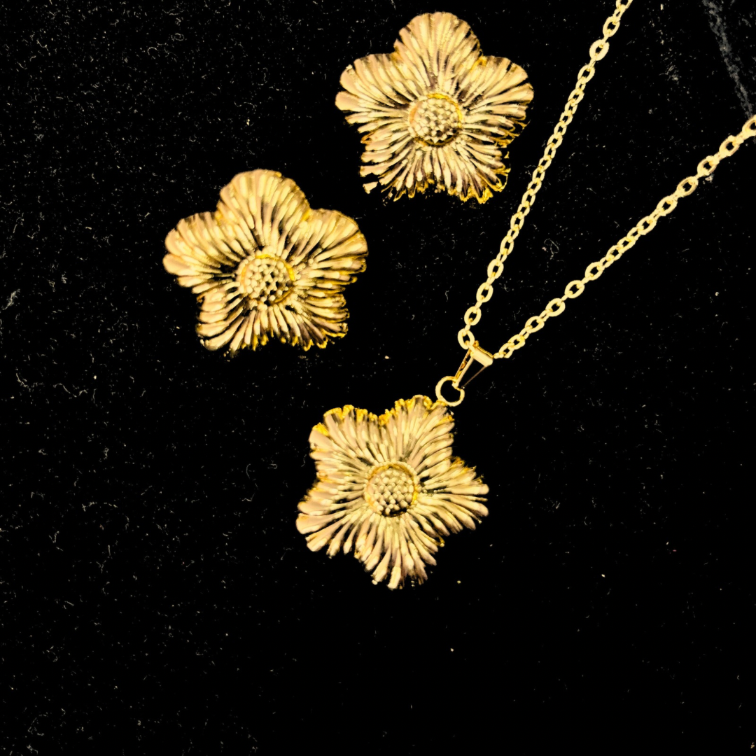 Cute Flower Pendant Necklace Set – Anti-Tarnish Gold Plated Stainless Steel Jewelry