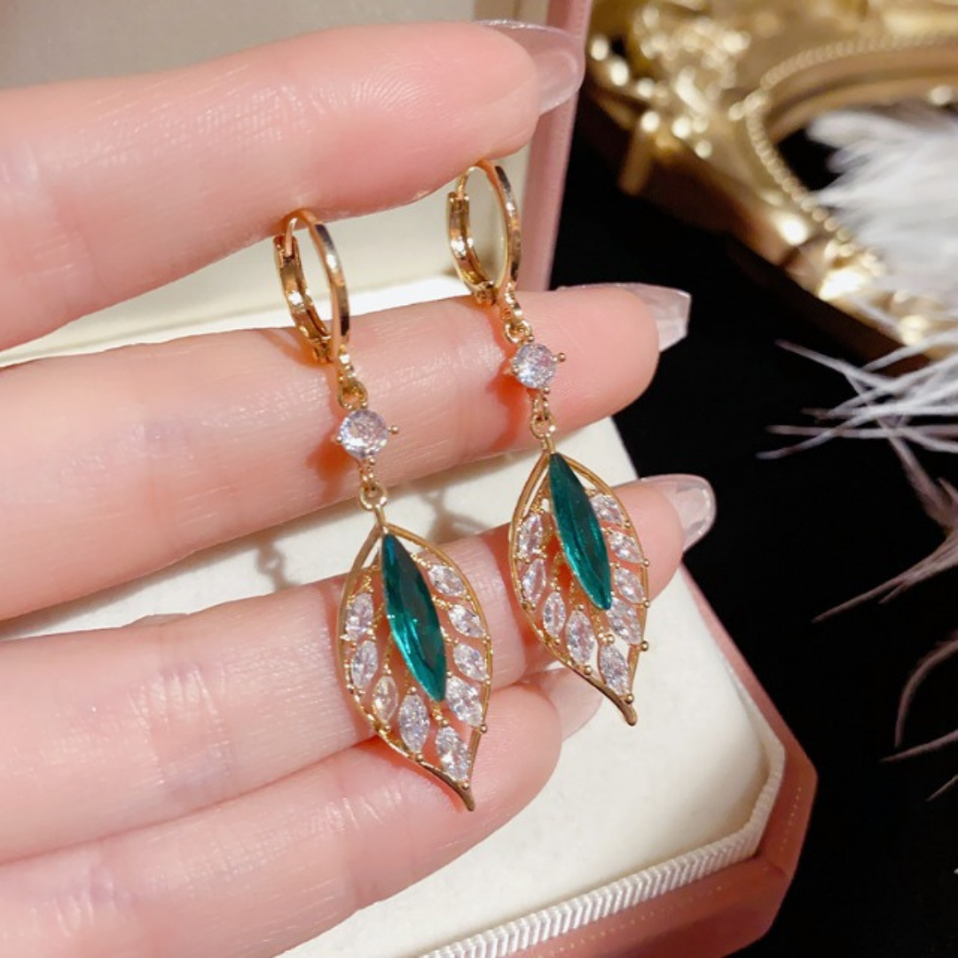 Crystal Leaf Green Dangle Earrings