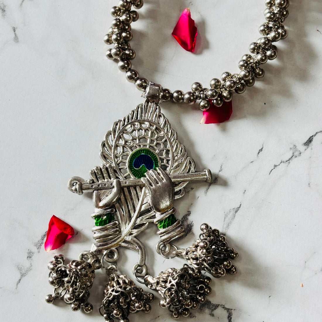 Oxidised Krishna Flute Motif Beaded Pendant Long Chain Necklace