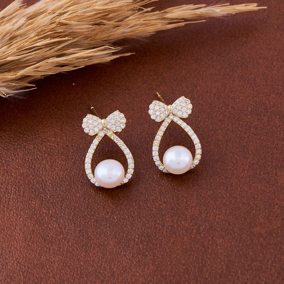 Bow Pearl Crystal Drop Earrings