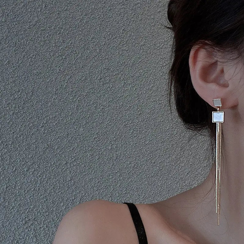 Korean Earrings - Gold drop tassel contemporary earrings for women