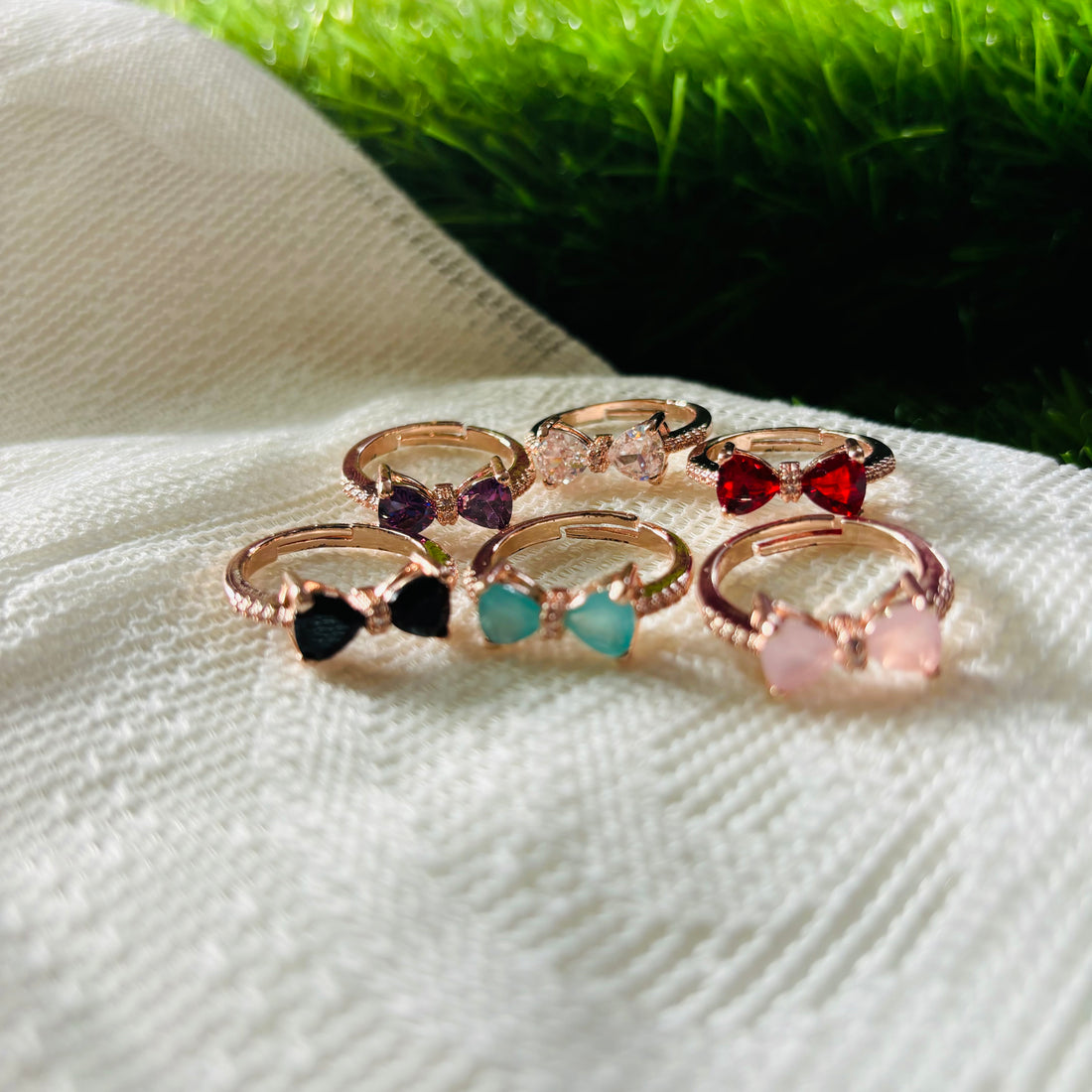 Stylish Stainless Steel Adjustable Finger Rings With stone studded and Bow design - Rose Gold