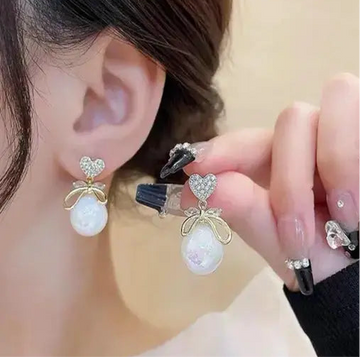Korean Earrings - Gold Plated Heart Stud and Pearl Hanging earrings for women