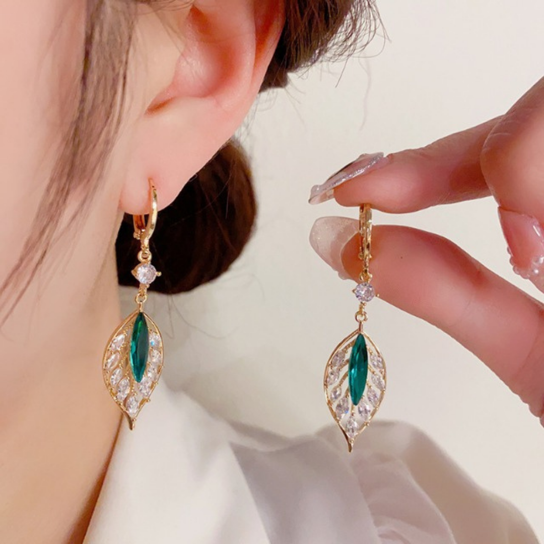 Crystal Leaf Green Dangle Earrings