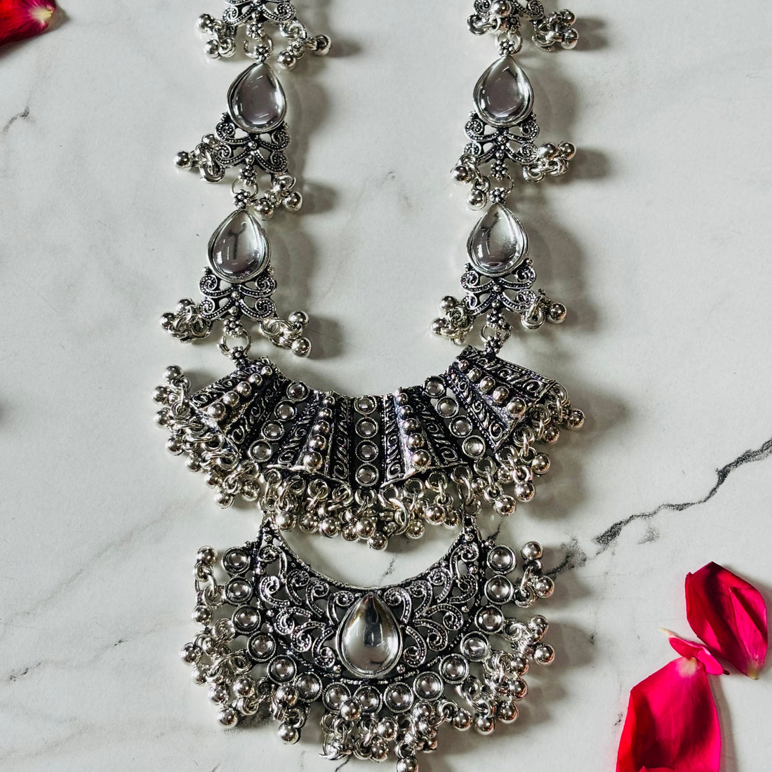 Oxidised Silver Teardrop Kundan Long Necklace Earring Set