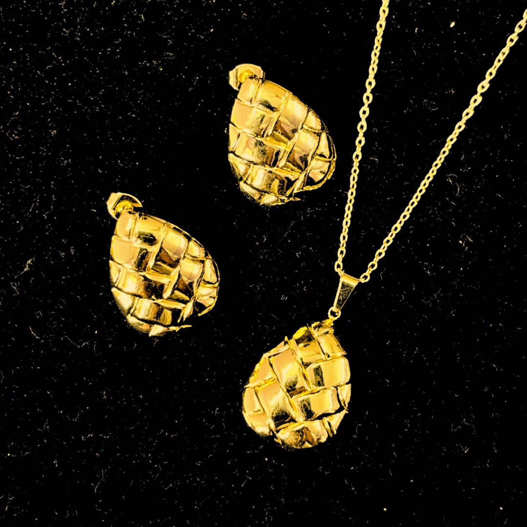 Basket Weave Oval Pendant Necklace Set – Anti-Tarnish Stainless Steel Gold Jewelry