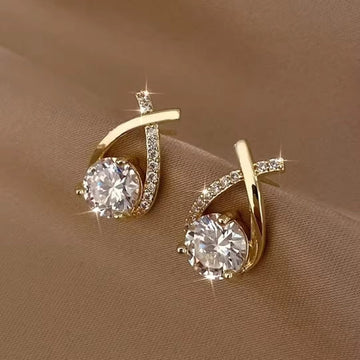 Korean Earrings - Criss Cross one side Rhinestone studded contemporary studs for women