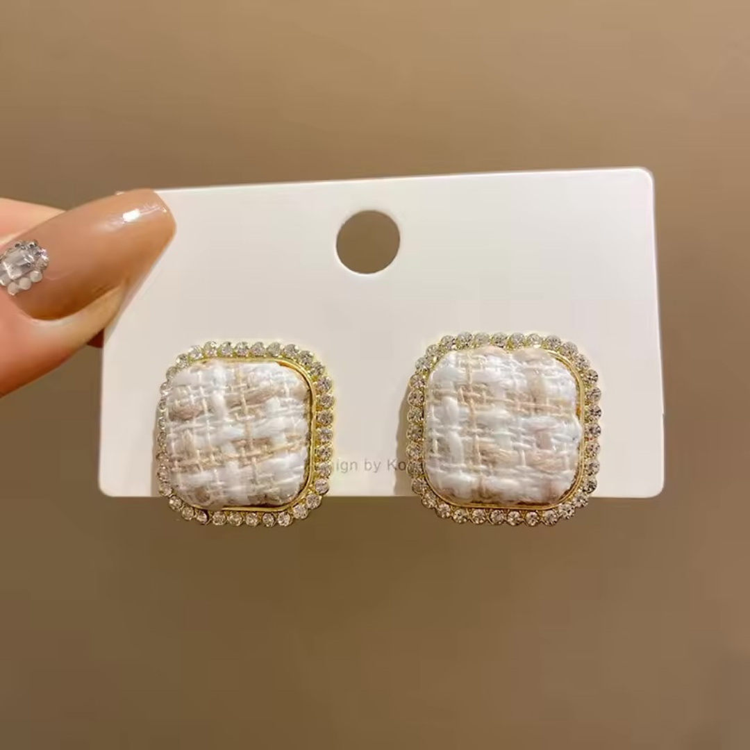 Textured Square Pearl Stud Earrings with Crystals