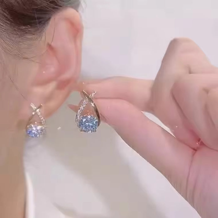 Korean Earrings - Criss Cross one side Rhinestone studded contemporary studs for women