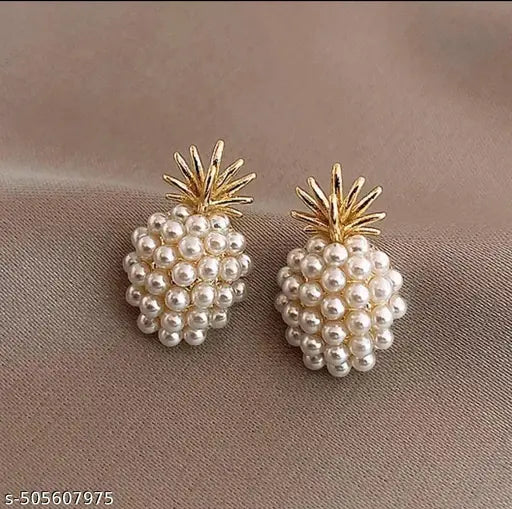 Korean Earrings - Golden Tropical pearl studded Pineapple Earrings