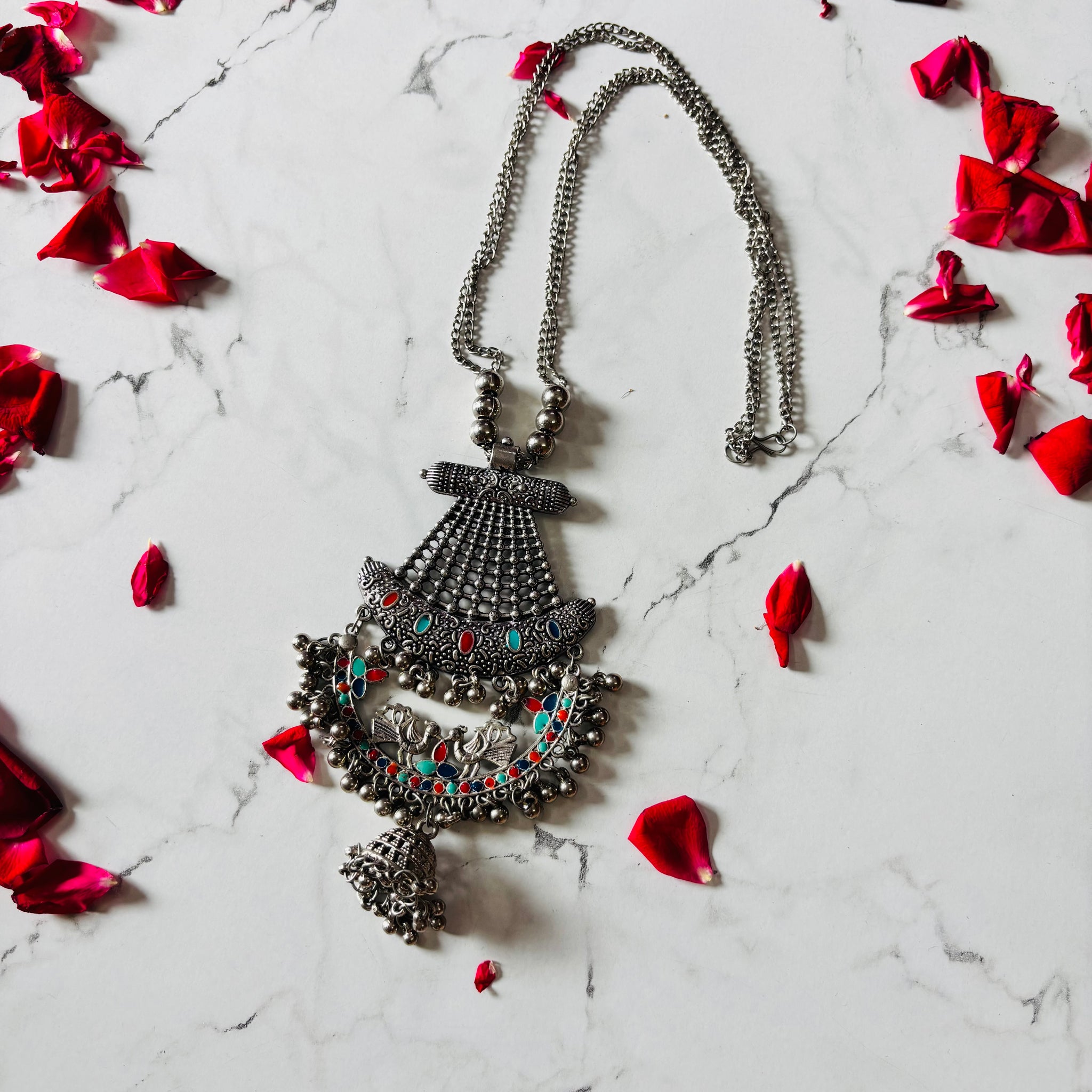 Antique Oxidised Multicolor Stone Statement Pendant Necklace